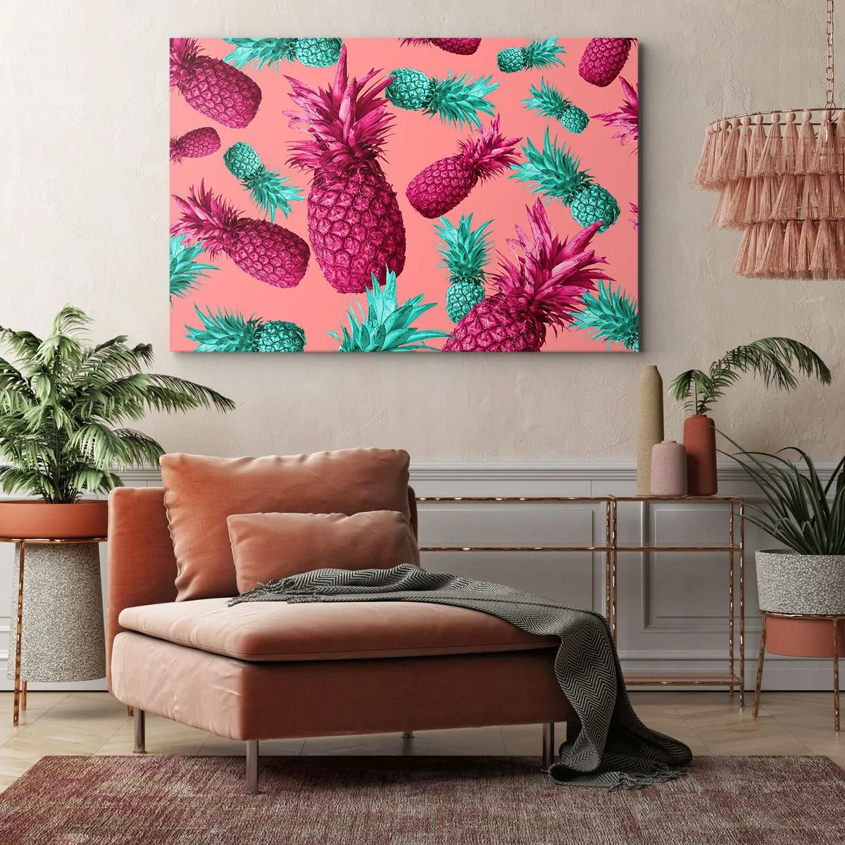 Bild auf Leinwand - Leinwandbild - Exotische Ananas in Pink und Türkis - 70x50cm - Freiheit ist süß - Moderne Wanddekoration für Wohnzimmer und Schlafzimmer ARTTOR