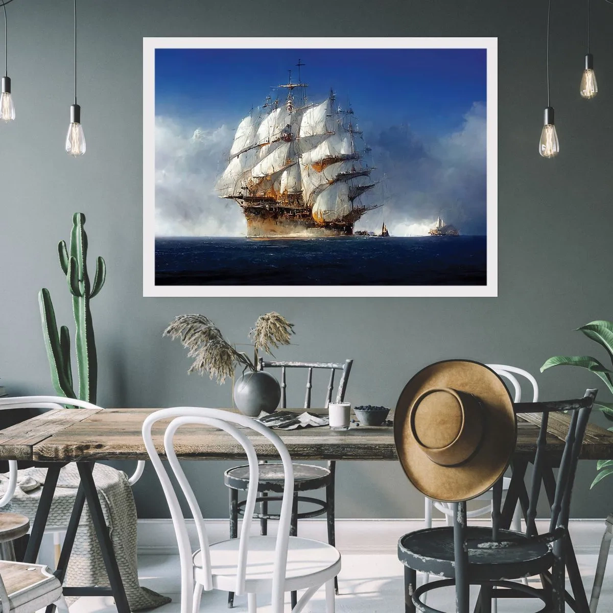 Poster - Ein Segelschiff auf offener See unter blauem Himmel - 100x70cm - Der große Ruhm! - Moderne Wanddekoration für Wohnzimmer und Schlafzimmer ARTTOR