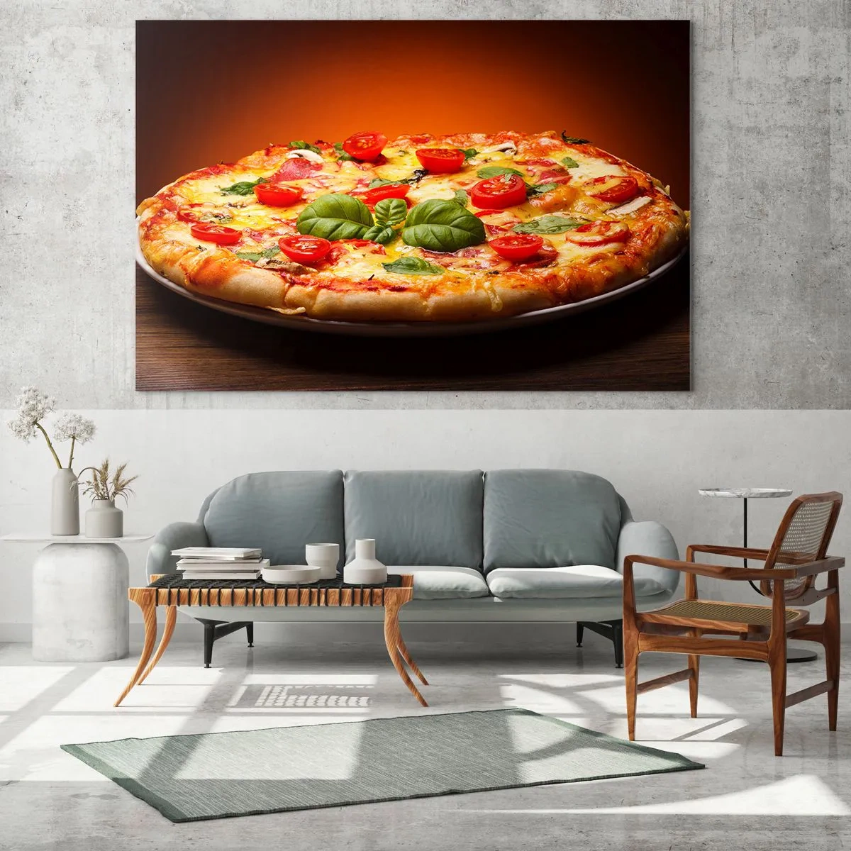 Glasbild - Bild auf glas - Pizza mit Tomaten, Basilikum und geschmolzenem Käse - 100x70cm - Mamma Mia! - Moderne Wanddekoration für Wohnzimmer und Schlafzimmer ARTTOR