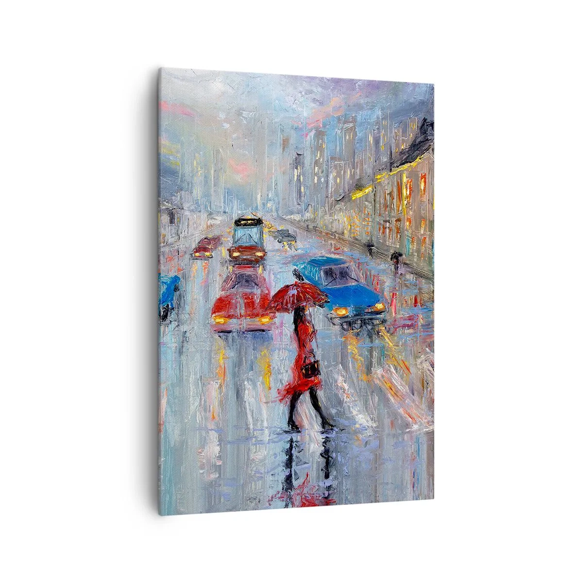 Bild auf Leinwand - Leinwandbild - Eine Frau mit einem Regenschirm auf einer verregneten Straße im Neonlicht. - 70x100cm - Regnerischer Nachmittag in der Stadt - Moderne Wanddekoration für Wohnzimmer und Schlafzimmer ARTTOR
