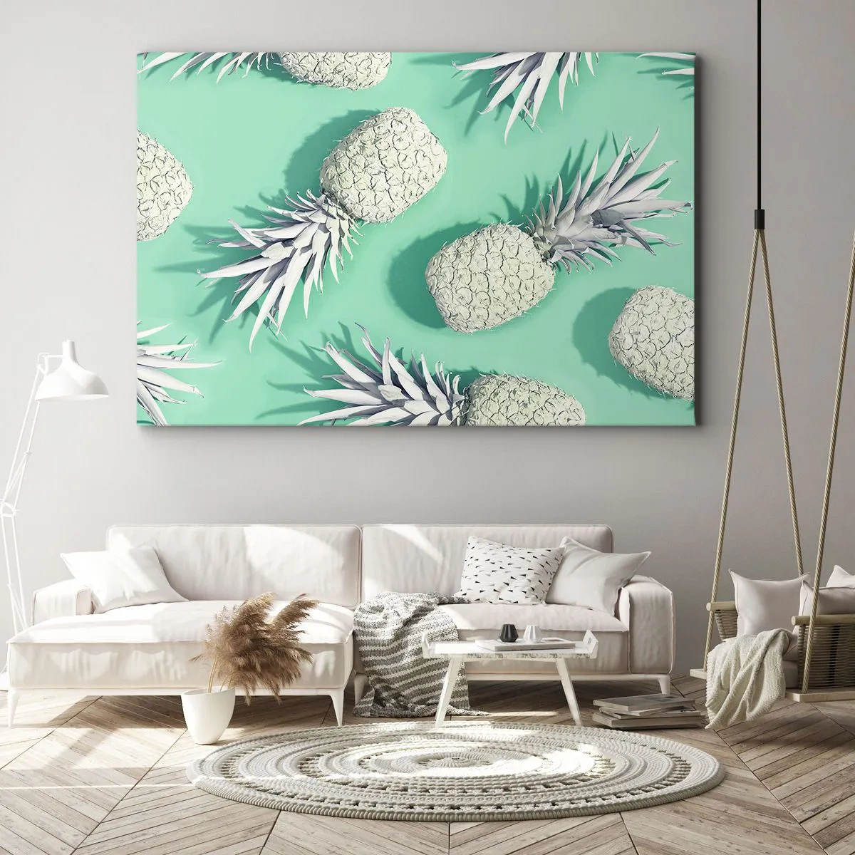 Bild auf Leinwand - Leinwandbild - Weiße Ananas auf pastellfarbenem Hintergrund im minimalistischen Stil - 70x50cm - Das passt gut zu Minze - Moderne Wanddekoration für Wohnzimmer und Schlafzimmer ARTTOR