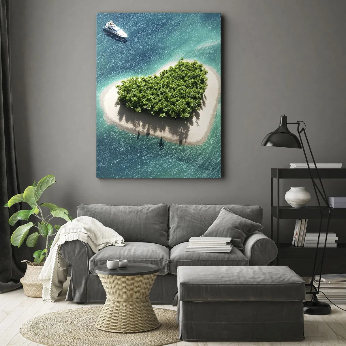 Bild auf Leinwand - Leinwandbild - Eine romantische herzförmige Insel in einem türkisfarbenen Meer - 80x120cm - ich liebe Sommer - Moderne Wanddekoration für Wohnzimmer und Schlafzimmer ARTTOR