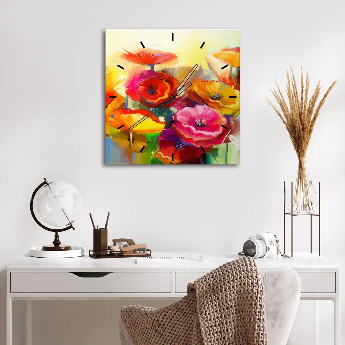 Wanduhr - Glasuhr - Bunte abstrakte Blumen auf hellem Hintergrund - 30x30cm - Nicht nur rot - Moderne Wanddekoration für Wohnzimmer und Schlafzimmer ARTTOR