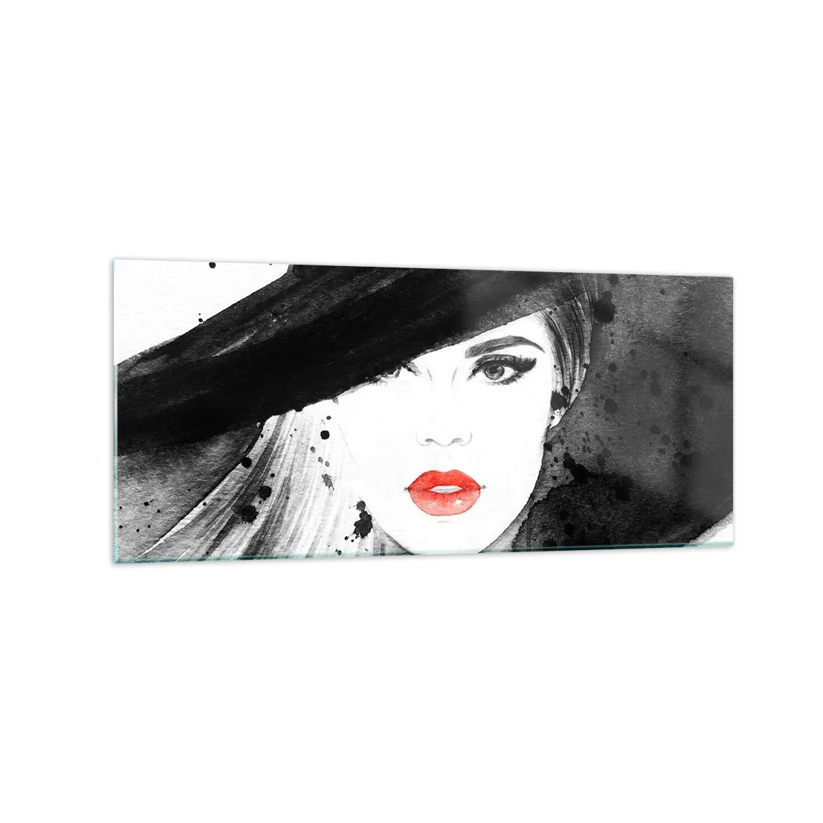 Glasbild - Bild auf glas - Porträt einer Frau mit Hut und roten Lippen - 120x50cm - Frau in schwarz - Moderne Wanddekoration für Wohnzimmer und Schlafzimmer ARTTOR