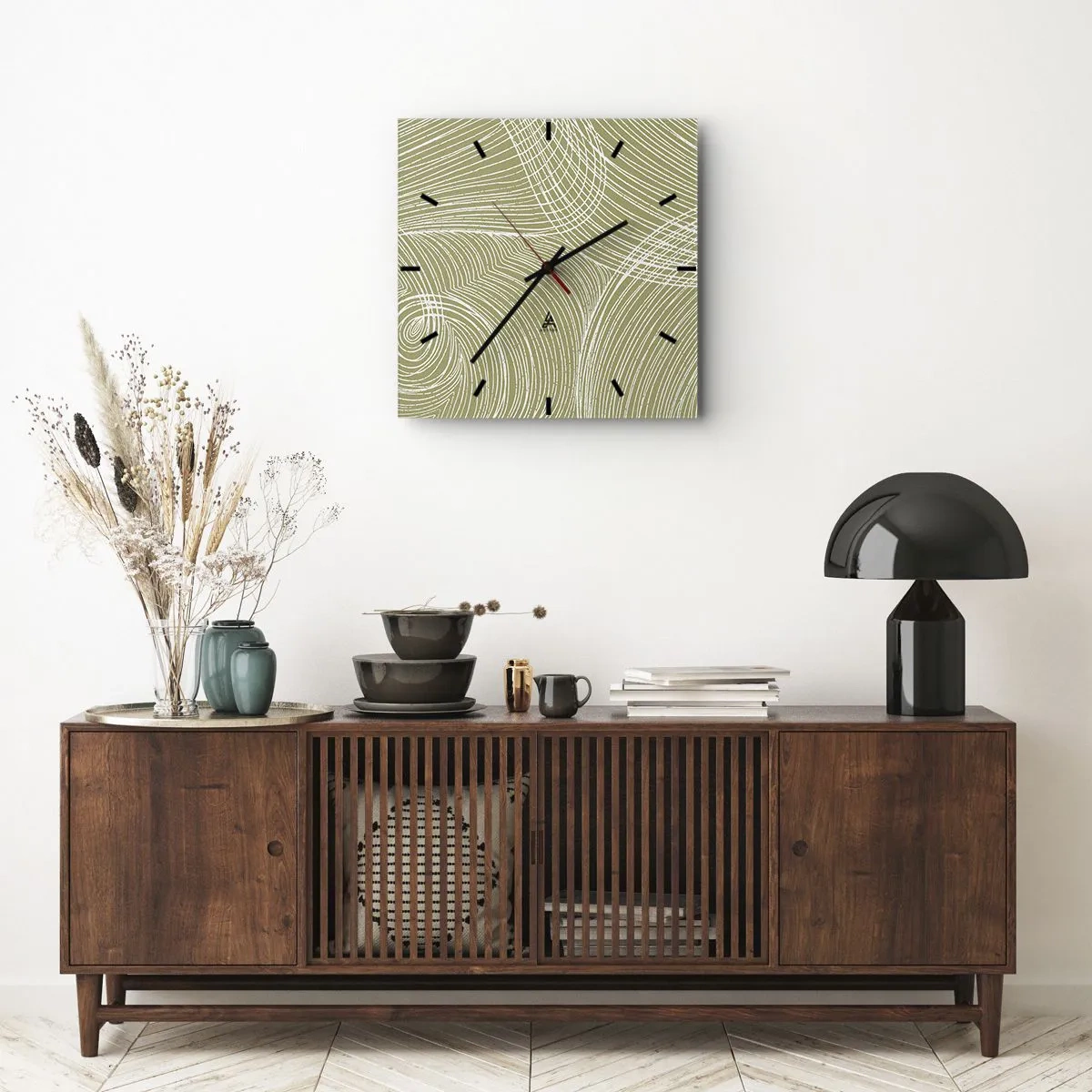 Wanduhr - Glasuhr - Grüne und weiße Linien in einer abstrakten Komposition - 30x30cm - Komplizierte Abstraktion in Weiß - Moderne Wanddekoration für Wohnzimmer und Schlafzimmer ARTTOR