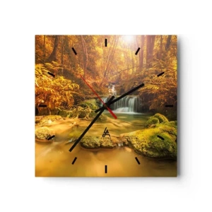 Wanduhr - Glasuhr - Ein goldener Wasserfall in einem herbstlichen Wald, umgeben von Grün - 30x30cm - Waldkaskade in Gold - Moderne Wanddekoration für Wohnzimmer und Schlafzimmer ARTTOR