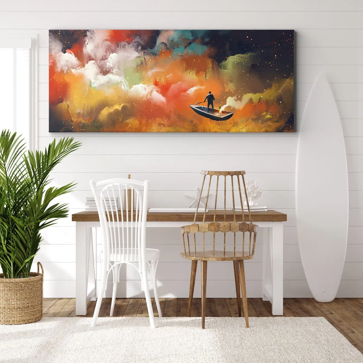Bild auf Leinwand - Leinwandbild - Eine Figur in einem Boot vor einem Hintergrund aus bunten Wolken - 120x50cm - Mit dem Boot durch die Galaxie - Moderne Wanddekoration für Wohnzimmer und Schlafzimmer ARTTOR
