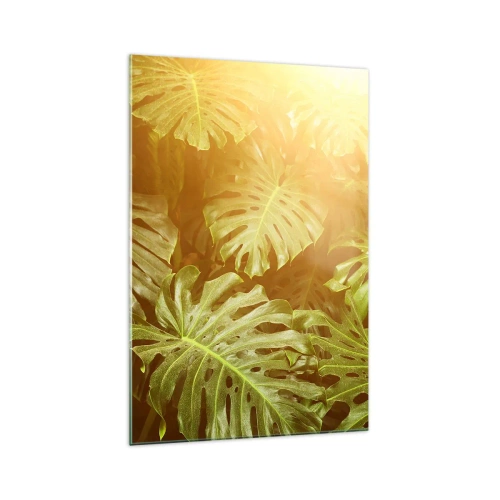 Glasbild - Bild auf glas - Monstera-Blätter im Sonnenlicht vor einem natürlichen Hintergrund - 70x100cm - Ins Grüne tretren... - Moderne Wanddekoration für Wohnzimmer und Schlafzimmer ARTTOR