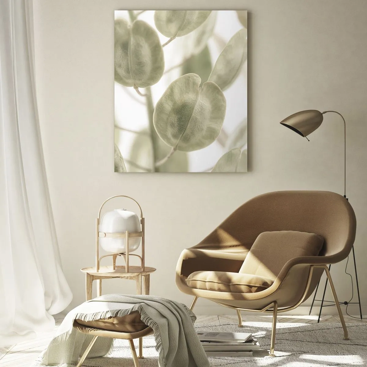 Glasbild - Bild auf glas - Ein zartes Gemälde von Blättern in pastellfarbenen Grüntönen auf hellem Hintergrund. - 80x120cm - Am Anfang waren Blätter... - Moderne Wanddekoration für Wohnzimmer und Schlafzimmer ARTTOR