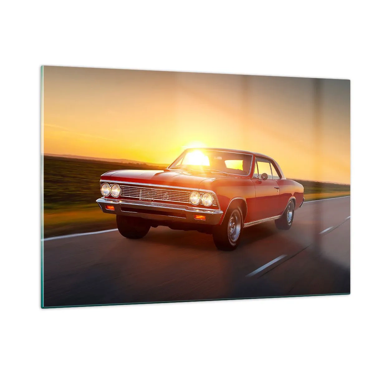 Glasbild - Bild auf glas - Roter Oldtimer vor der untergehenden Sonne - 120x80cm - Begehren ist rot - Moderne Wanddekoration für Wohnzimmer und Schlafzimmer ARTTOR