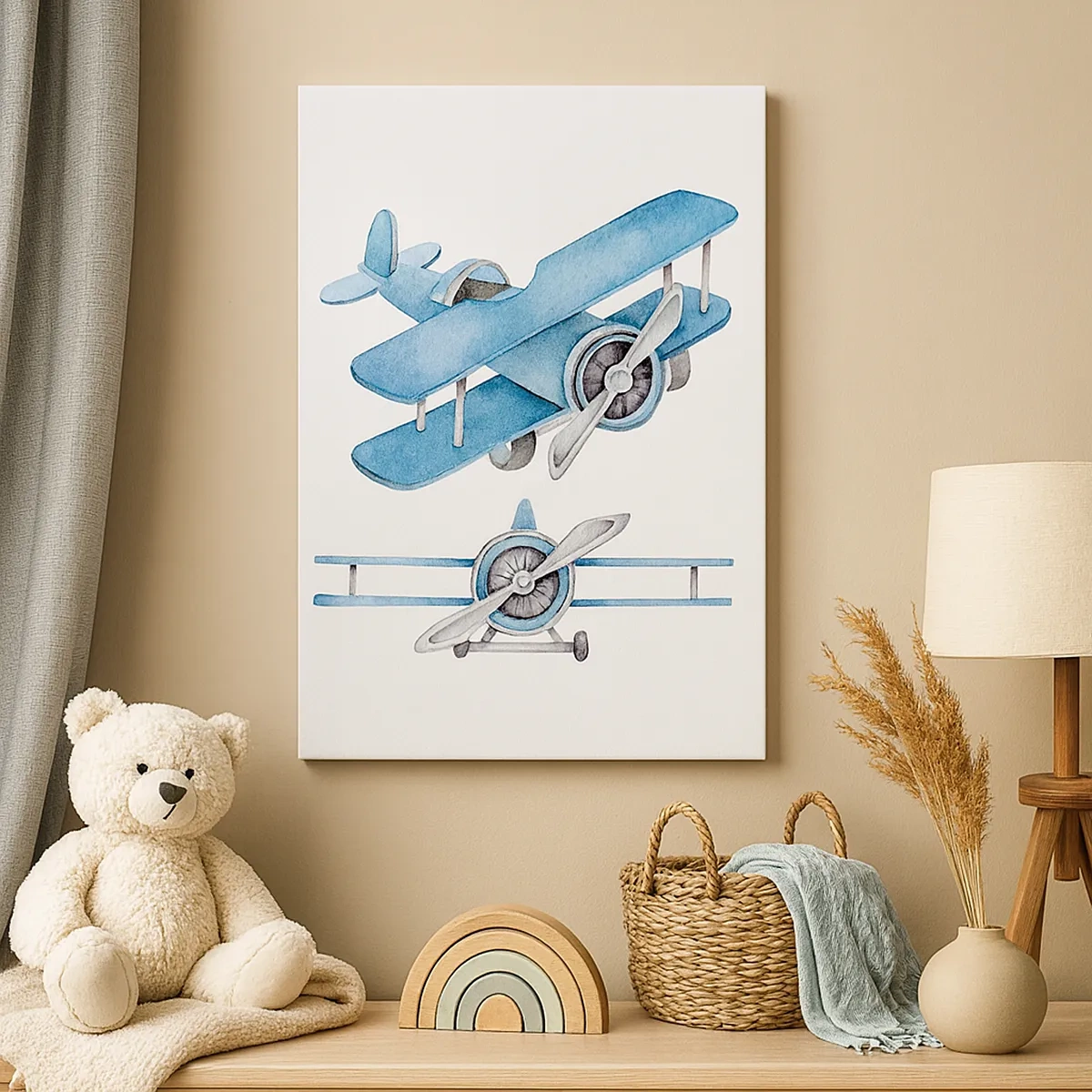 Bild auf Leinwand - Leinwandbild - Blaue Retro-Flugzeuge - 50x70cm - Geboren um zu gewinnen - Moderne Wanddekoration für Wohnzimmer und Schlafzimmer ARTTOR