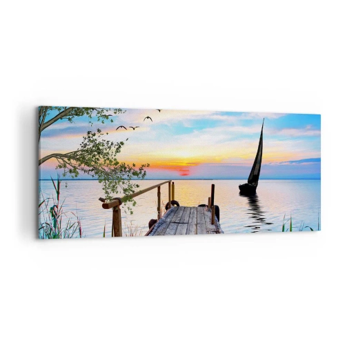Bild auf Leinwand - Leinwandbild - Seepier mit Boot und Sonnenuntergang - 120x50cm - Guten Abend - Moderne Wanddekoration für Wohnzimmer und Schlafzimmer ARTTOR