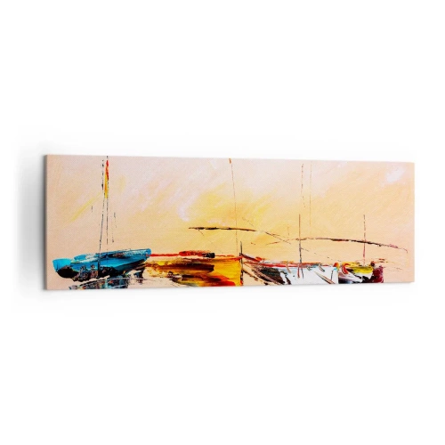 Bild auf Leinwand - Leinwandbild - Bunte Boote auf ruhigem Wasser bei Sonnenuntergang - 160x50cm - Abend im Yachthafen - Moderne Wanddekoration für Wohnzimmer und Schlafzimmer ARTTOR