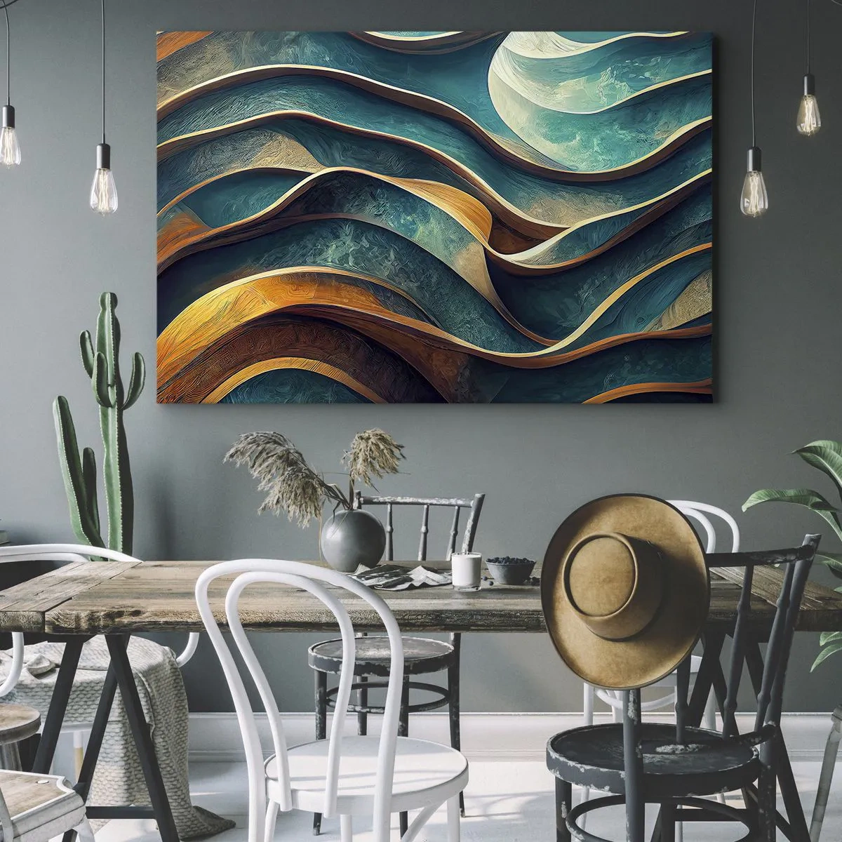Bild auf Leinwand - Leinwandbild - Abstrakte Wellen in Türkis- und Goldtönen - 70x50cm - Blaue Mäander - Moderne Wanddekoration für Wohnzimmer und Schlafzimmer ARTTOR