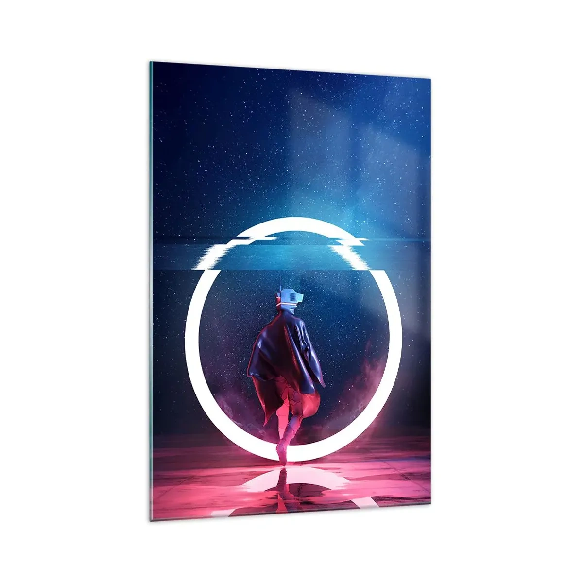 Glasbild - Bild auf glas - Eine Figur in einer futuristischen Umgebung mit einem Neonkreis - 70x100cm - Zwischen den Welten - Moderne Wanddekoration für Wohnzimmer und Schlafzimmer ARTTOR