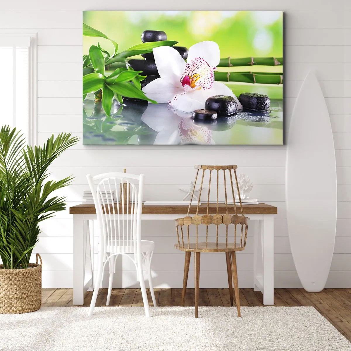 Bild auf Leinwand - Leinwandbild - Orchidee, Steine und Bambus in einer harmonischen Spa-Komposition - 70x50cm - Kühle Frische - Moderne Wanddekoration für Wohnzimmer und Schlafzimmer ARTTOR