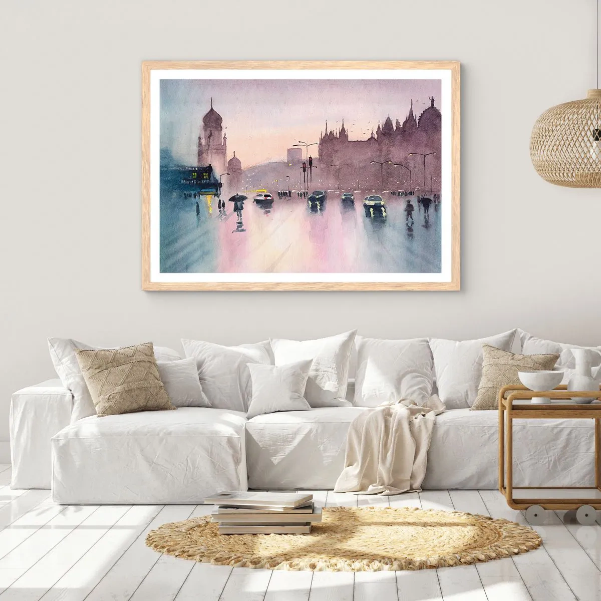 Poster in einem Rahmen aus heller Eiche - Im regnerischen Dunst - 91x61 cm