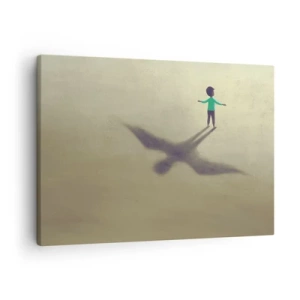 Bild auf Leinwand - Leinwandbild - Eine symbolische Figur eines Kindes mit dem Schatten eines Vogels vor einem Hintergrund in warmen Farbtönen. - 70x50cm - Der Held der Zukunft - Moderne Wanddekoration für Wohnzimmer und Schlafzimmer ARTTOR
