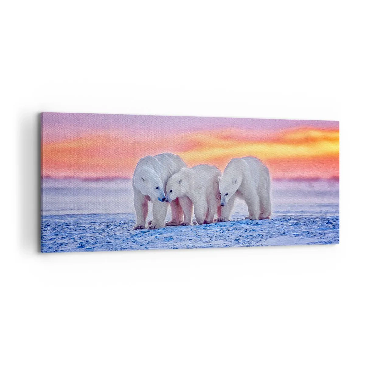 Bild auf Leinwand - Leinwandbild - Drei Eisbären vor dem Hintergrund eines arktischen Sonnenuntergangs - 120x50cm - Familienwärme ist genug - Moderne Wanddekoration für Wohnzimmer und Schlafzimmer ARTTOR