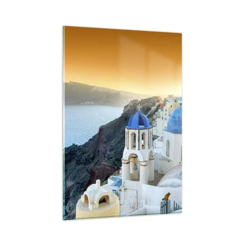 Glasbild - Bild auf glas - Blick auf Santorini mit weißen Gebäuden und blauem Meer - 80x120cm - Santorini - an die Felsen gekuschelt - Moderne Wanddekoration für Wohnzimmer und Schlafzimmer ARTTOR