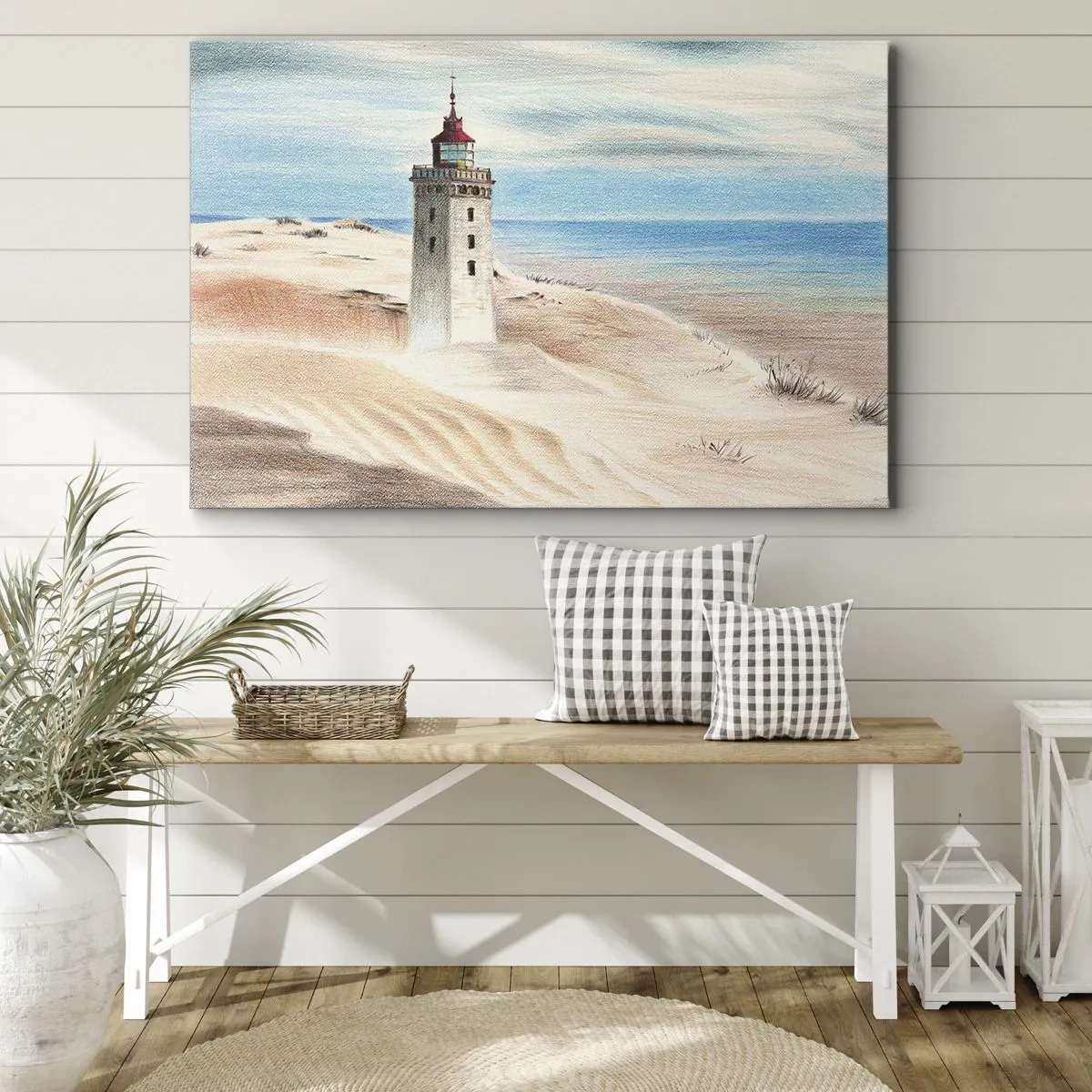 Bild auf Leinwand - Leinwandbild - Ein Leuchtturm, umgeben von Sanddünen und blauem Himmel - 120x80cm - Immer aufs Meer starrend - Moderne Wanddekoration für Wohnzimmer und Schlafzimmer ARTTOR