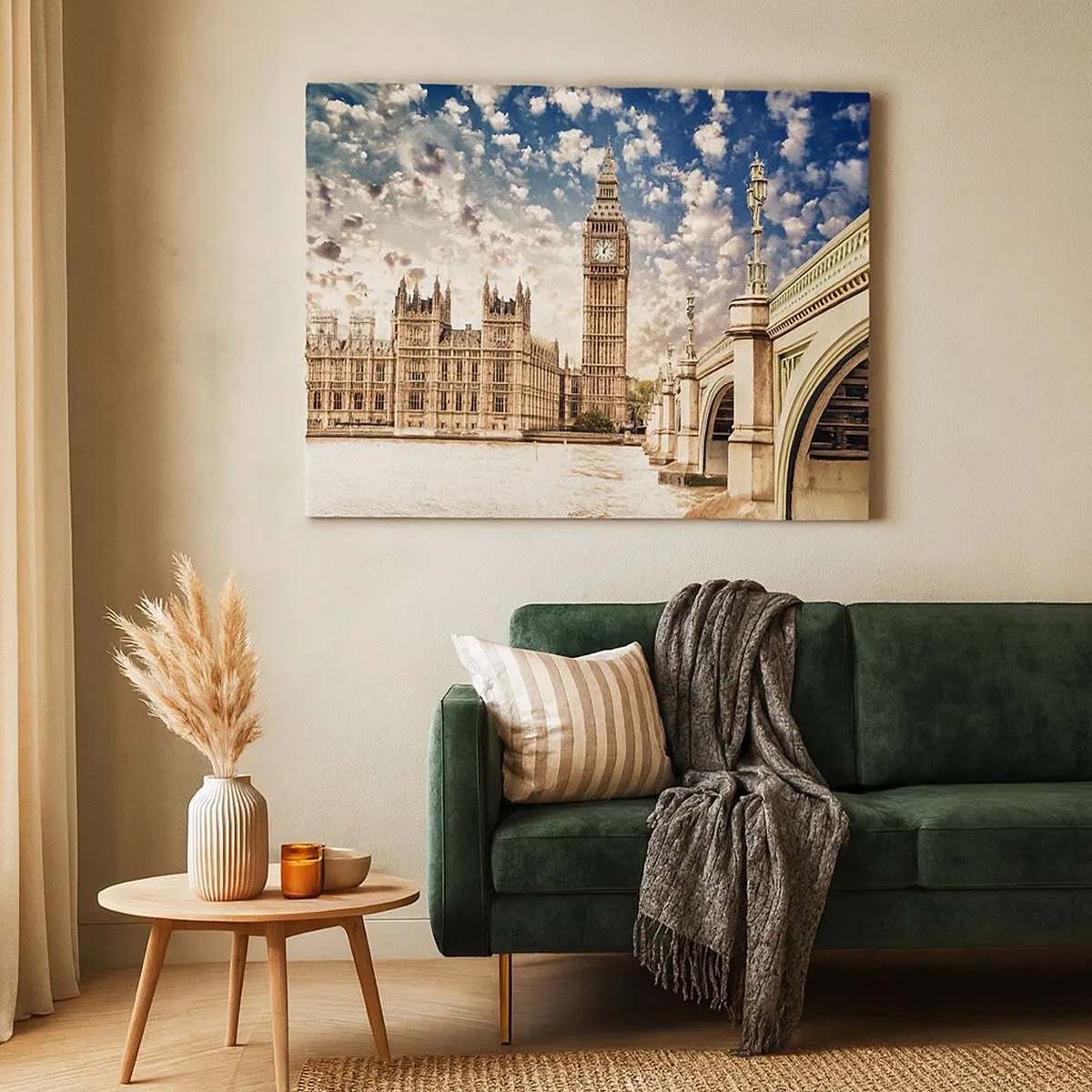 Bild auf Leinwand - Leinwandbild - Big Ben und Westminster Bridge im Sonnenlicht in London - 70x50cm - Federwolken über der Themse - Moderne Wanddekoration für Wohnzimmer und Schlafzimmer ARTTOR