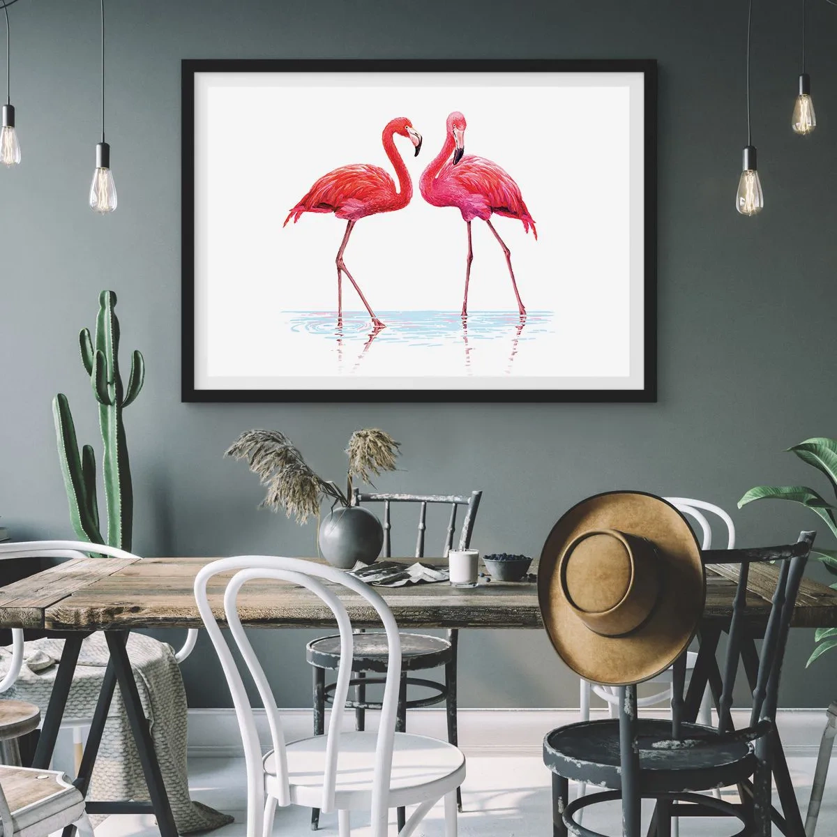 Poster in einem schwarzem Rahmen - Ein Flamingopaar im Wasser vor hellem Hintergrund - 100x70cm - Rosa randez-vous - Moderne Wanddekoration für Wohnzimmer und Schlafzimmer ARTTOR