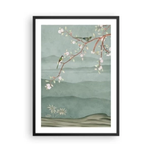 Poster in einem schwarzem Rahmen - Vögel auf einem blühenden Zweig mit Blick auf die Hügel - 50x70cm - Frühling, oh, du bist es - Moderne Wanddekoration für Wohnzimmer und Schlafzimmer ARTTOR