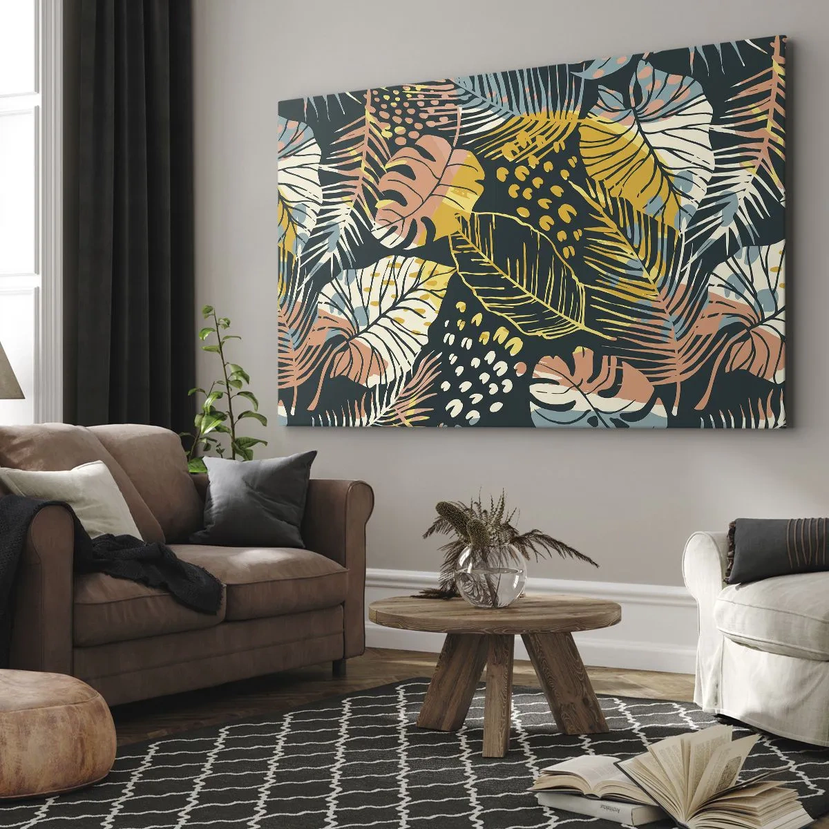 Bild auf Leinwand - Leinwandbild - Bunte Blätter auf dunklem Hintergrund - 70x50cm - Grüne Fantasie - Moderne Wanddekoration für Wohnzimmer und Schlafzimmer ARTTOR