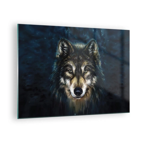 Glasbild - Bild auf glas - Ein Wolf vor einem dunklen Waldhintergrund im realistischen Stil. - 70x50cm - Alpha? Und Omega - Moderne Wanddekoration für Wohnzimmer und Schlafzimmer ARTTOR