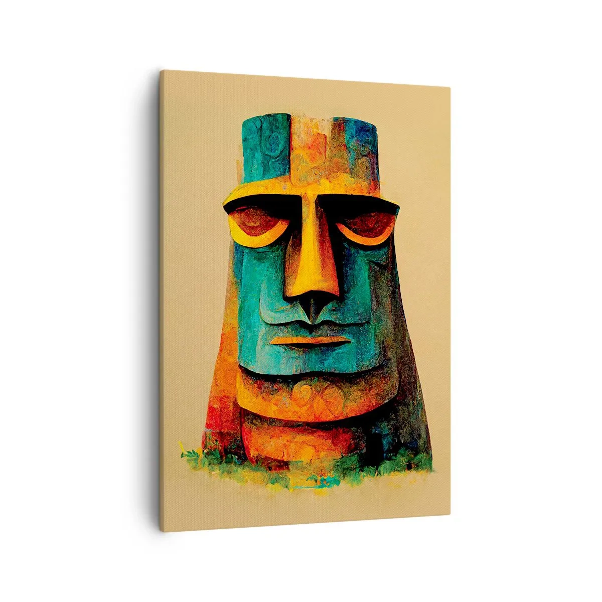 Bild auf Leinwand - Leinwandbild - Bunte Statue von der Osterinsel - 50x70cm - Statuenhaft und sympathisch - Moderne Wanddekoration für Wohnzimmer und Schlafzimmer ARTTOR