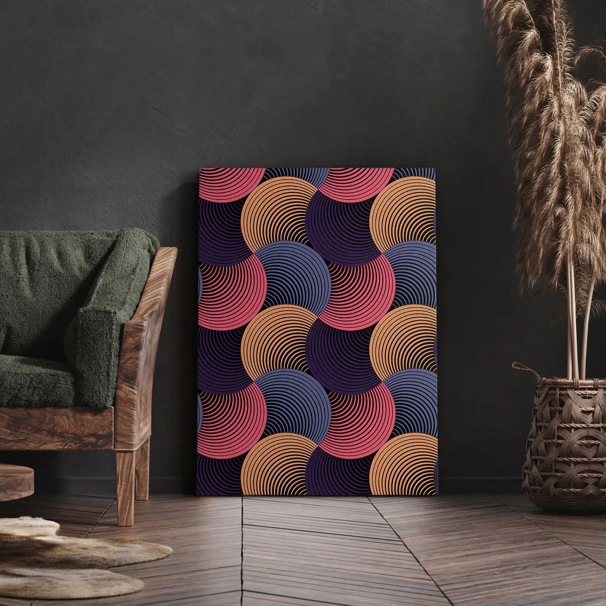 Bild auf Leinwand - Leinwandbild - Geometrische Kreise in Rosa-, Lila- und Goldtönen - 50x70cm - Im kreisenden Rhythmus - Moderne Wanddekoration für Wohnzimmer und Schlafzimmer ARTTOR