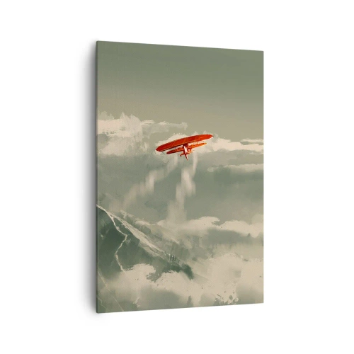 Bild auf Leinwand - Leinwandbild - Rotes Flugzeug über schneebedeckten Bergen - 70x100cm - Furchtloser Pionier - Moderne Wanddekoration für Wohnzimmer und Schlafzimmer ARTTOR