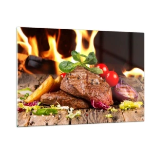 Glasbild - Bild auf glas - Gegrilltes Steak mit Gemüse vor dem Hintergrund der Flammen - 120x80cm - Von Hitze gezaubert - Moderne Wanddekoration für Wohnzimmer und Schlafzimmer ARTTOR