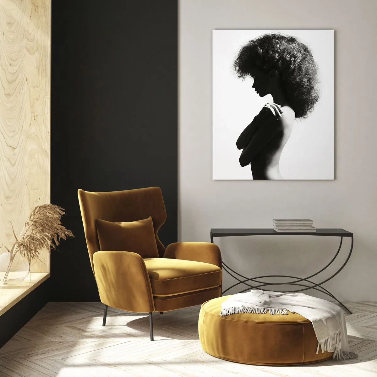 Glasbild - Bild auf glas - Eine subtile Silhouette einer Frau in Schwarz-Weiß-Tönen auf hellem Hintergrund - 80x120cm - Wie eine Blume auf einem schlanken Stiel - Moderne Wanddekoration für Wohnzimmer und Schlafzimmer ARTTOR