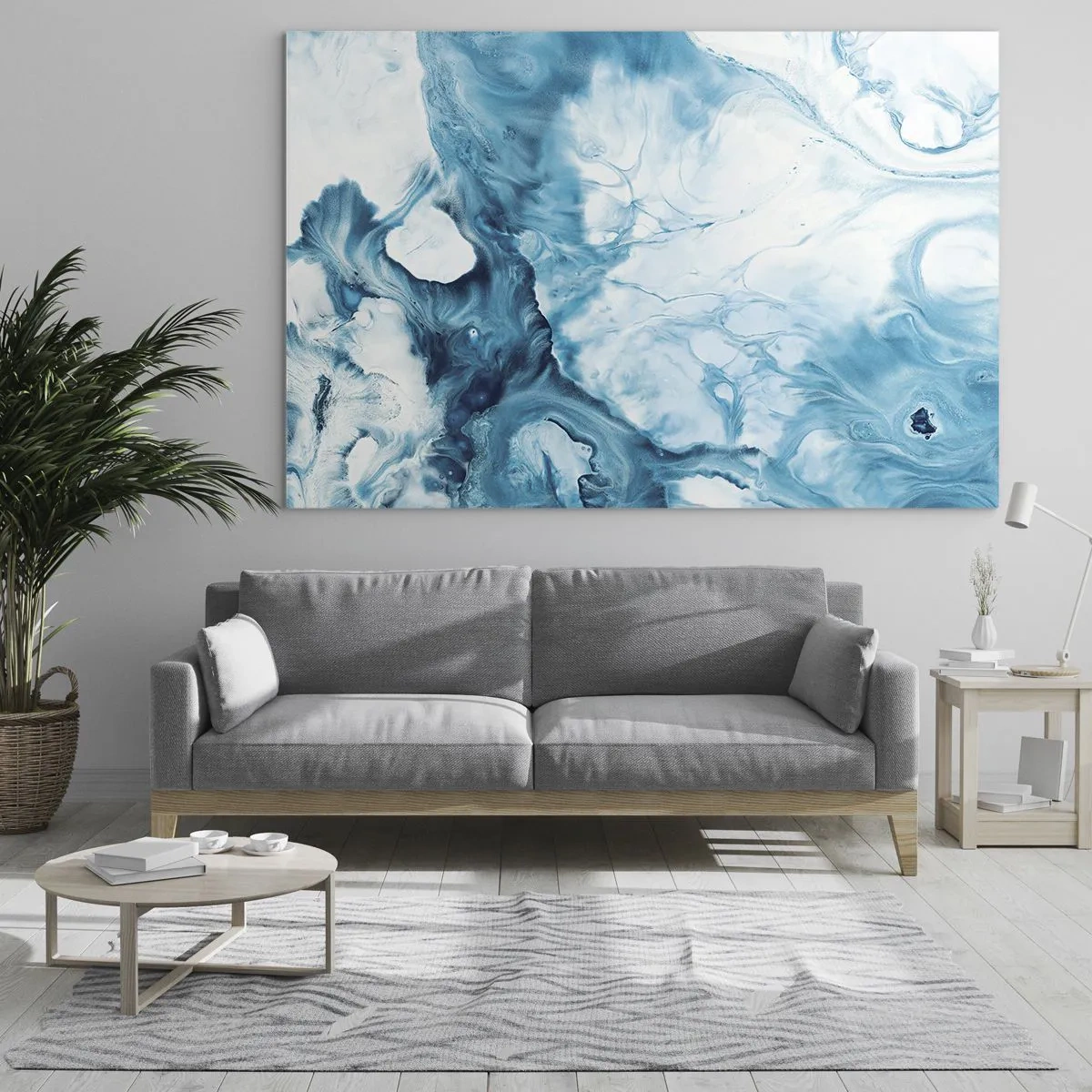Glasbild - Bild auf glas - Abstrakte Komposition in Blau- und Weißtönen - 70x50cm - Blaues Konzert - Moderne Wanddekoration für Wohnzimmer und Schlafzimmer ARTTOR