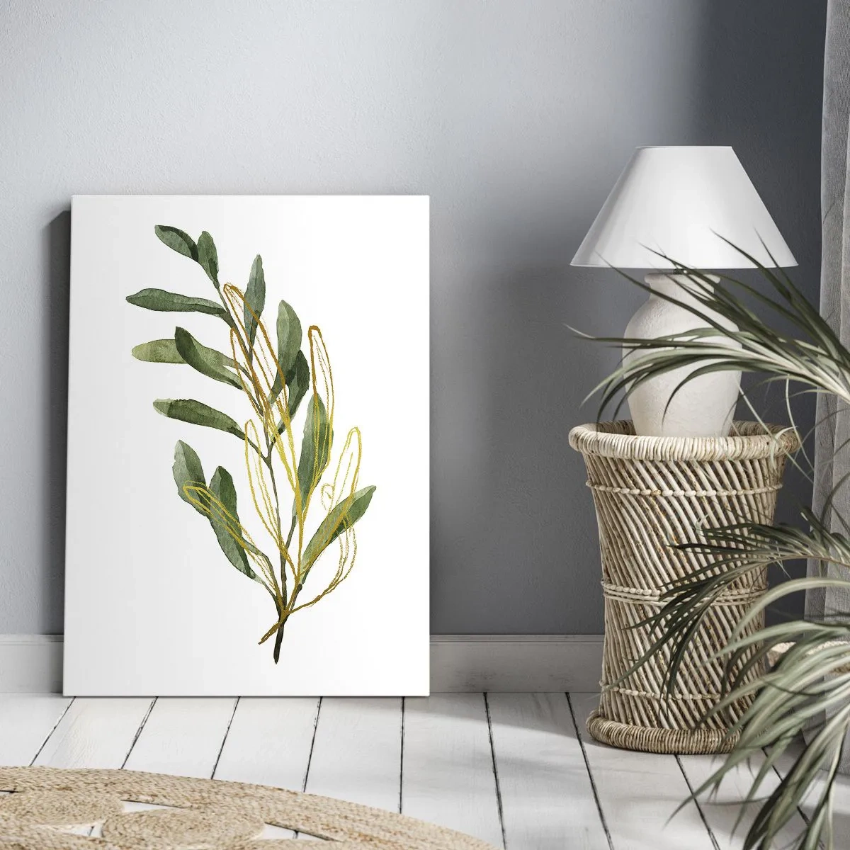 Bild auf Leinwand - Leinwandbild - Grüner Zweig mit Blättern auf weißem Hintergrund - 70x100cm - Alles was gut ist - Moderne Wanddekoration für Wohnzimmer und Schlafzimmer ARTTOR