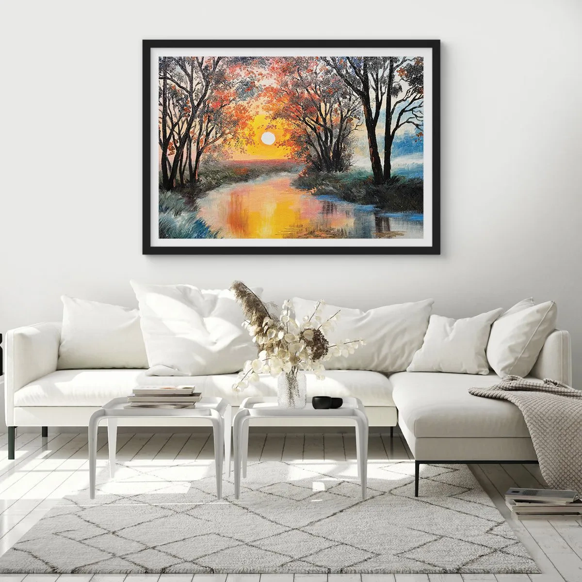 Poster in einem schwarzem Rahmen - Sonnenuntergang über dem Fluss in einer Herbstlandschaft - 100x70cm - Herbststimmung - Moderne Wanddekoration für Wohnzimmer und Schlafzimmer ARTTOR