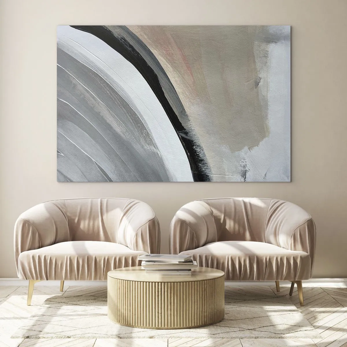 Glasbild - Bild auf glas - Abstrakter Bogen in Grau- und Schwarztönen - 70x50cm - Komposition: Bogen aus Schwarz und Grau - Moderne Wanddekoration für Wohnzimmer und Schlafzimmer ARTTOR