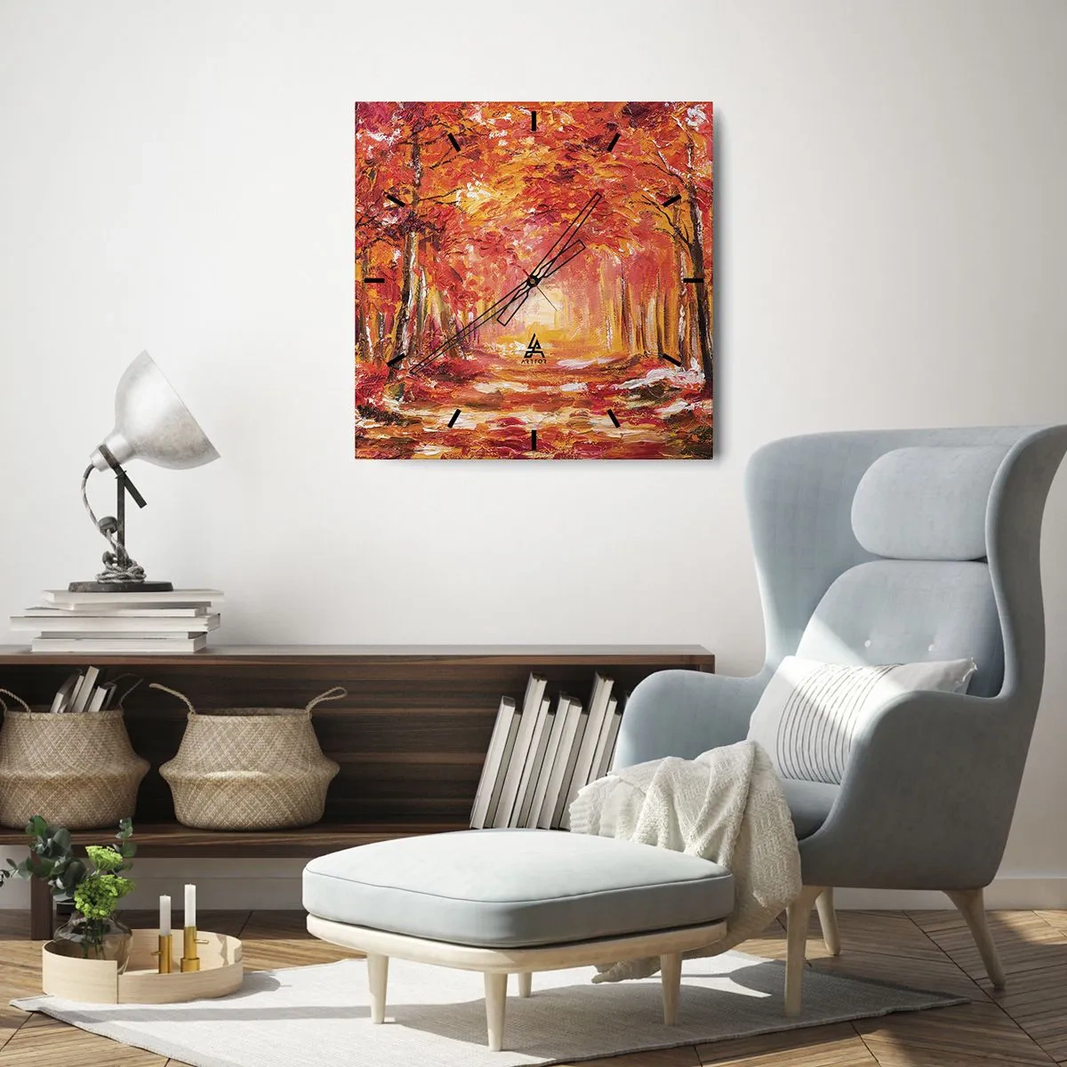 Wanduhr - Glasuhr - Herbstwald in Kupfer- und Goldtönen - 30x30cm - Kupferwald - Moderne Wanddekoration für Wohnzimmer und Schlafzimmer ARTTOR