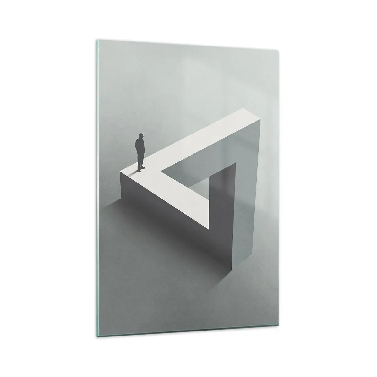 Glasbild - Bild auf glas - Eine Figur, die auf einem Penrose-Dreieck in Grautönen steht. - 80x120cm - Es ist also doch möglich - Moderne Wanddekoration für Wohnzimmer und Schlafzimmer ARTTOR