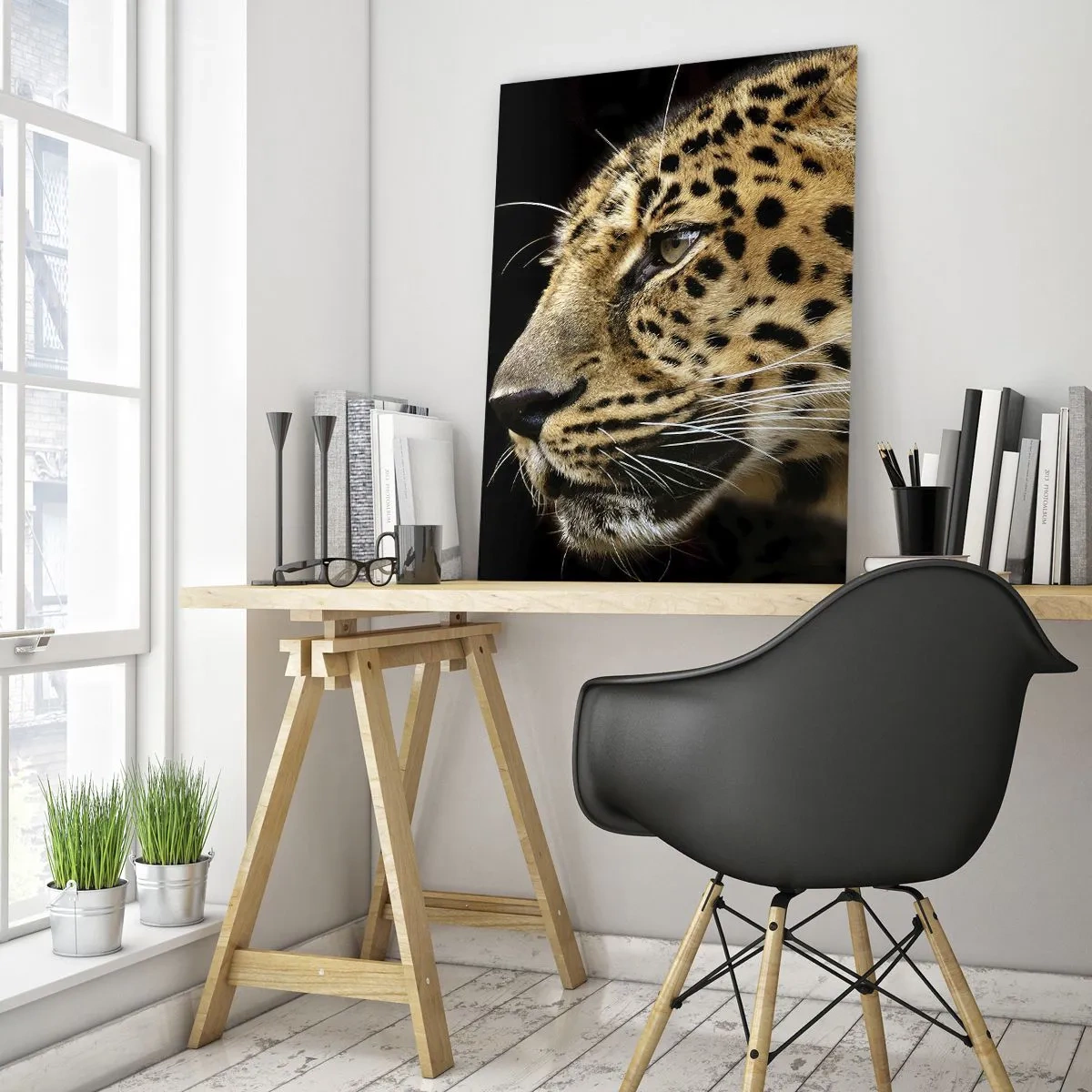 Glasbild - Bild auf glas - Nahaufnahme des Kopfes eines Leoparden vor schwarzem Hintergrund - 70x100cm - Ruhig, fokussiert, bereit - Moderne Wanddekoration für Wohnzimmer und Schlafzimmer ARTTOR