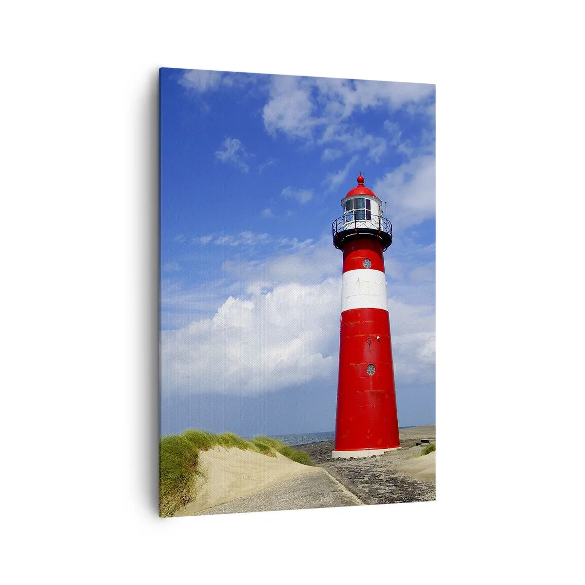 Bild auf Leinwand - Leinwandbild - Roter Leuchtturm am Strand unter blauem Himmel - 70x100cm - Traum Einsamkeit - Moderne Wanddekoration für Wohnzimmer und Schlafzimmer ARTTOR