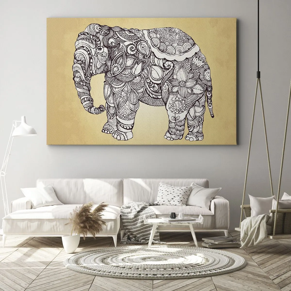 Bild auf Leinwand - Leinwandbild - Handgezeichneter Elefant mit kunstvollem Muster auf beigem Hintergrund - 100x70cm - Elefant verhüllte sich - Moderne Wanddekoration für Wohnzimmer und Schlafzimmer ARTTOR