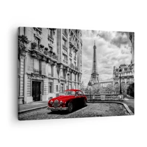 Bild auf Leinwand - Leinwandbild - Ein rotes Auto mit dem Eiffelturm im Hintergrund in einer schwarz-weißen Umgebung - 70x50cm - Raubtier in der Stadt - Moderne Wanddekoration für Wohnzimmer und Schlafzimmer ARTTOR