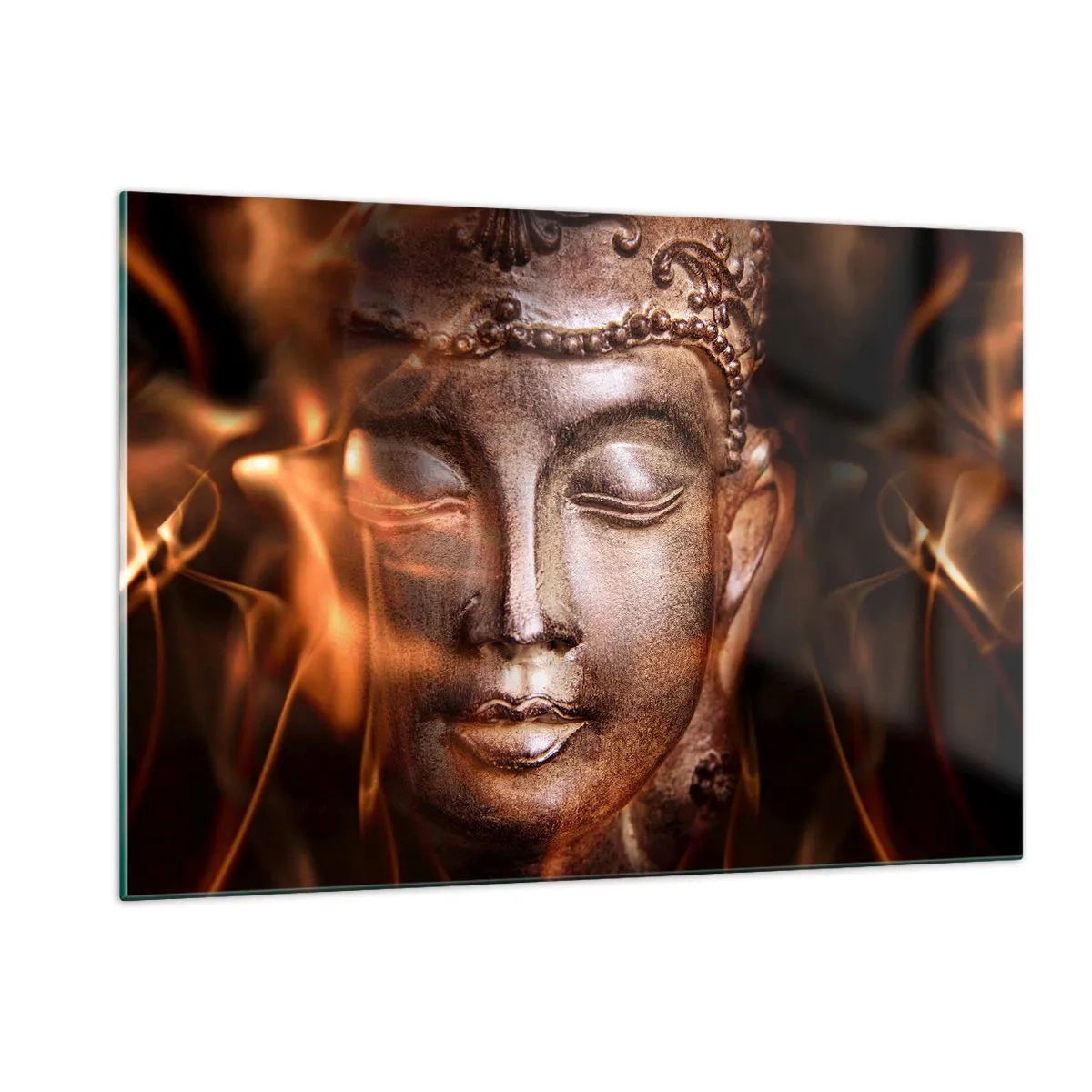 Glasbild - Bild auf glas - Das verschwommene Gesicht des Buddha in warmen Gold- und Brauntönen - 120x80cm - Es existiert nur hier und jetzt - Moderne Wanddekoration für Wohnzimmer und Schlafzimmer ARTTOR