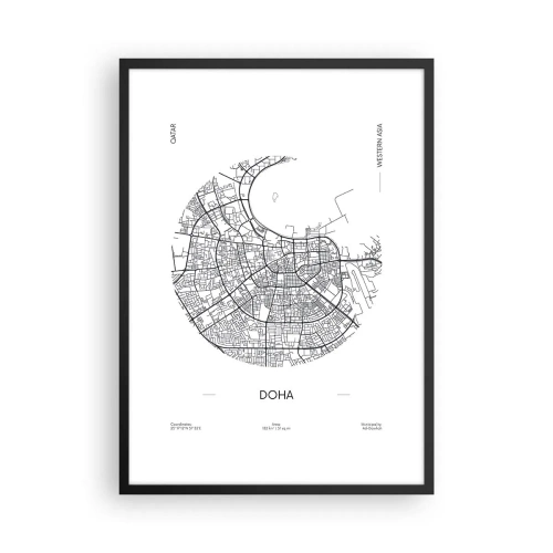 Poster in einem schwarzem Rahmen - Eine minimalistische Schwarz-Weiß-Karte von Doha - 50x70cm - Anatomie von Doha - Moderne Wanddekoration für Wohnzimmer und Schlafzimmer ARTTOR