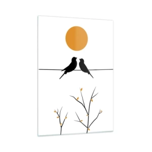 Glasbild - Bild auf glas - Vögel auf einer Linie unter einer orangefarbenen Sonne - 50x70cm - Abend der Nachtigallen - Moderne Wanddekoration für Wohnzimmer und Schlafzimmer ARTTOR