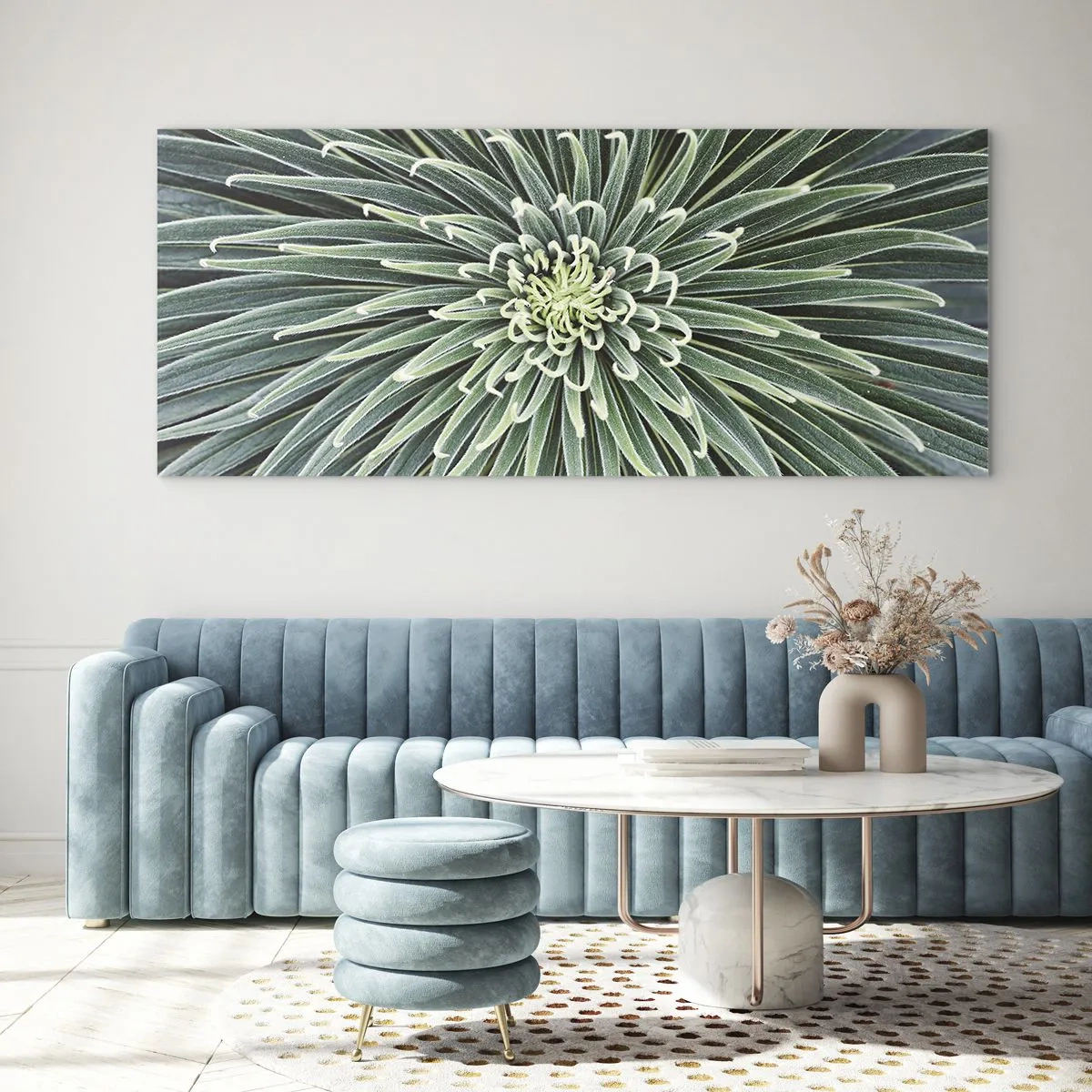 Glasbild - Bild auf glas - Symmetrische Anordnung grüner Blätter, die einem Stern ähneln - 160x50cm - Ein Star ist geboren - Moderne Wanddekoration für Wohnzimmer und Schlafzimmer ARTTOR