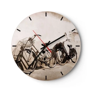 Wanduhr - Glasuhr - Fahrräder im Retro-Stil vor einer Wand - 30x30cm - Der unvergessliche Charme der Vergangenheit - Moderne Wanddekoration für Wohnzimmer, Küche und Schlafzimmer ARTTOR